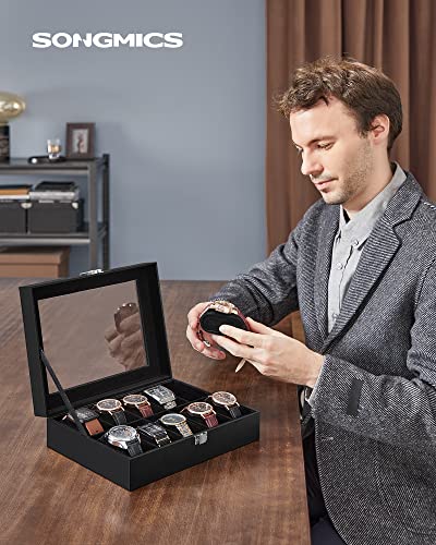 SONGMICS Watch Box, 10-Slot Watch Case Organizer with Large Glass Lid, Removable Pillows, Gift for Loved Ones, Black Synthetic Leather, Black Lining UJWB010B02 - color: Black + Black, size: 10 Slot