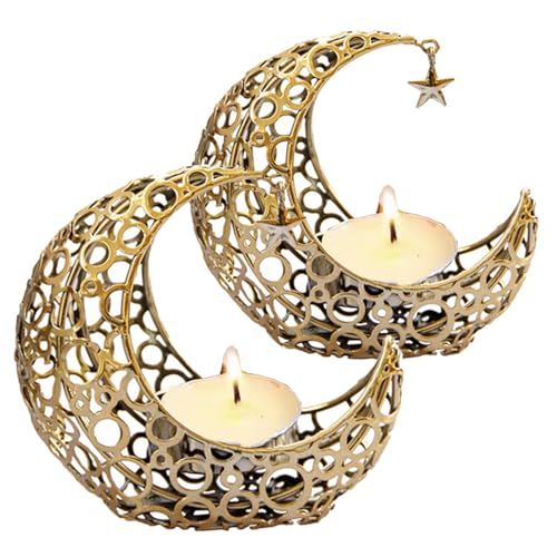 Moon Tea Light Candle Holder, Gold Metal Candle Stand for Home Decor, Dining Table, Living Room, Coffee, Table Centerpiece(2Pcs) - size: 2Pcs Gold