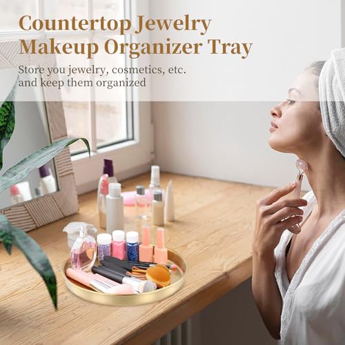 6 PCS Gold Tray Serving Platter, 9.8 Inches Round Gold Decorative Trays, Stainless Steel Coffee Table Tray, Vanity Jewelry Makeup Organizer, Countertop Tray for Bathrooms, Cafes, Restaurants