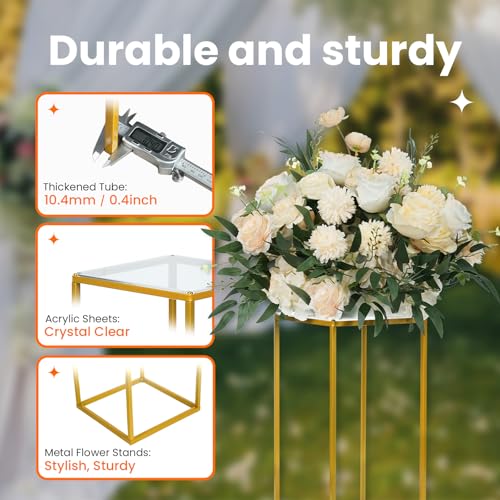 YALLOVE 2 Pack 15.75 Inch Gold Wedding Flower Stand Metal Vase Column Stand Geometric Centerpiece Vase for Home Party Wedding Decorations, Rectangular Flower Display Rack - size: 15.75 Inch