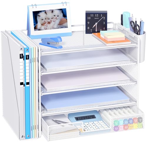 OPNICE Desk Organizer, 5-Tier Paper File Organizer with Drawer & Pen Holder, Office Desk Accessories, Workspace Desktop Organizer for Office Supplies(White) - color: White, size: 5-Tier
