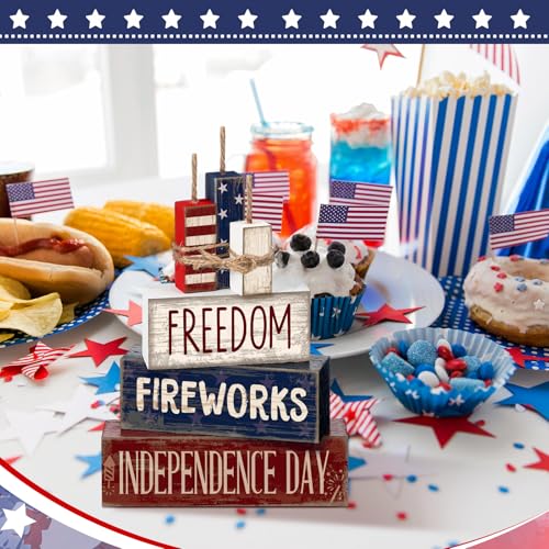 CroBlissful 4 Pcs 4th of July Decorations Patriotic Memorial Day Tabletop Decorations Red White Blue Table Centerpieces Sign for Office Tiered Tray Home Shelf 250th Anniversary(Patriotic) - style: Patriotic