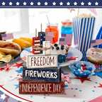 CroBlissful 4 Pcs 4th of July Decorations Patriotic Memorial Day Tabletop Decorations Red White Blue Table Centerpieces Sign for Office Tiered Tray Home Shelf 250th Anniversary(Patriotic) - style: Patriotic