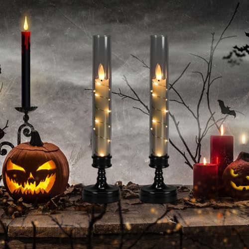 GenSwin Halloween Flameless Taper Candles with Remote and String Lights, Black Halloween Flameless Candles Battery Operated, 2 Pcs LED Flickering Candlesticks for Home Window Table Decor(D2.2”xH10”) - color: 2-Black