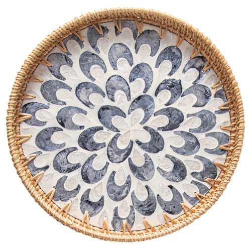 14 inch Round Rattan Tray Home Decor, Wicker Serving Tray with Mother of Pearl Inlay, Boho Decorative Tray for Coffee Table, Ottoman, Kitchen Table, Bathroom (Coastal Blue) - color: Coastal Blue, size: 14 inch