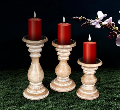 Pillar Candle Holders Set of 3 (10",8" & 6" Height)_White Wash,Candle Holder in Mango Real Wood,Decorative Candle Holders for Table Centerpiece, Wedding, Party, Home Décor, Spa, Farmhouse, Gifting - color: White Wash, size: 10"+8"+6" - High