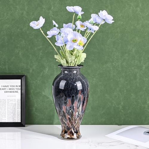 Hand Blown Glass Vase 11.8" Tall Beautiful Amber Blue Sea Wide Mouth Bud Vase for Table Centerpiece, Painted Colorful Murano Glass Flower Vases for - Home Entrance Wedding Center - color: Smoke