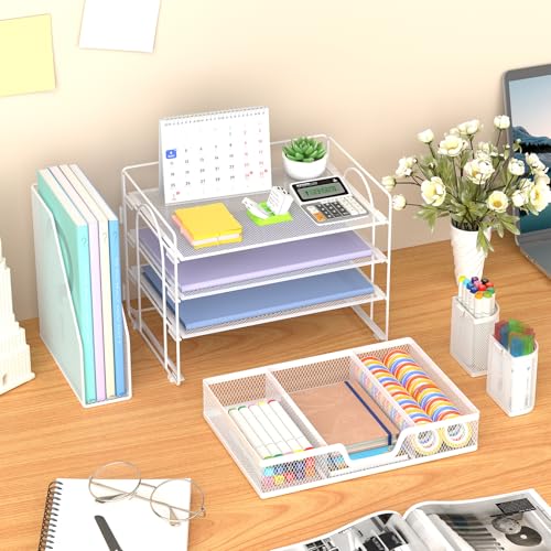 Marbrasse Desk Organizer and Accessories，4-Tier Paper Letter Tray Organizer with File Holder, Desk Accessories with Drawer and 2 Pen Holder (White, 15.4" x 9.1" x 8.3") - color: White