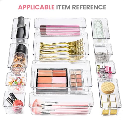 HOUSE DAY Makeup Drawer Organizer Trays 17 PCS, 4-Size Clear Drawer Organizers with Silicone Pads, Vanity Organizers and Storage, Non Slip Plastic Drawer Organizer for Desk, Bathroom, Kitchen, Office - size: 17 Pcs