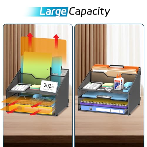 Desk File Organizer, Paper Organizer with 4 Letter Trays and 2 Vertical Upright Sections, Desk Organizers and Accessories for Office, School, Home, Black - color: Black