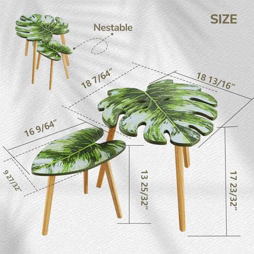 BAMEOS Monstera Leaf Nesting Tables Set of 2, Small Side Tables f Set with Leaf Vein Pattern, Modern Wooden CoffeeTables for Living Room Bedroom Apartment Balcony Yard - color: Green Monstera