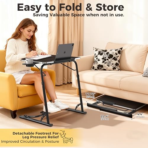 FoldWise Upgraded Folding TV Tray Table - Extra Large & Sturdy Laptop Table for Couch, Height & Angle Adjustable Desk for Dinner, Work & TV - Includes Footrest, Cup Holder, iPad Holder & Edge Stopper - color: (Black) - Dark Wood Mahogany