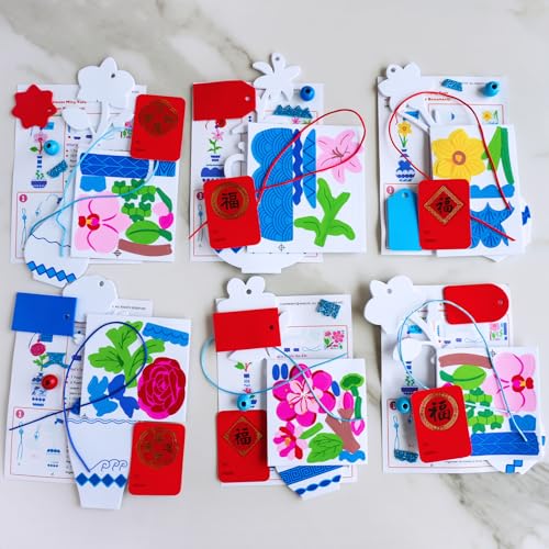 Winlyn 24 Sets Chinese New Year Decorations DIY Ming Vase with Flower Ornaments Craft Kits Peony Orchid Flower Foam Stickers Arts and Crafts for Kids Asian Oriental Classroom Activities Party Favors