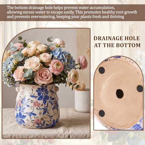 Ceramic Scroll Planter 6.5 Inch Chinoiserie Floral Vase with Drainage Holes Vintage Flower Vase Flower Pot Rustic Ceramic Pots for Indoor Plants Garden Home Bookshelf Decor(Blue, Red) - style: Blue, Red
