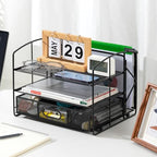 Amazon Basics Sturdy Rectangular Desktop Organizer with 3 Trays, Sliding Drawer and Hanging File Holder for Office Supplies, Black