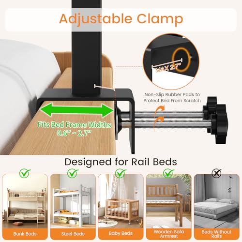 Snughome Clamp On Bedside Shelf for Bunk Bed - Adjustable Height Bedside Table Tray with Cup Holder & Cable Holes, Sturdy Nightstand Organizer Top Bunk Bed Accessories for College Dorm Apartment
