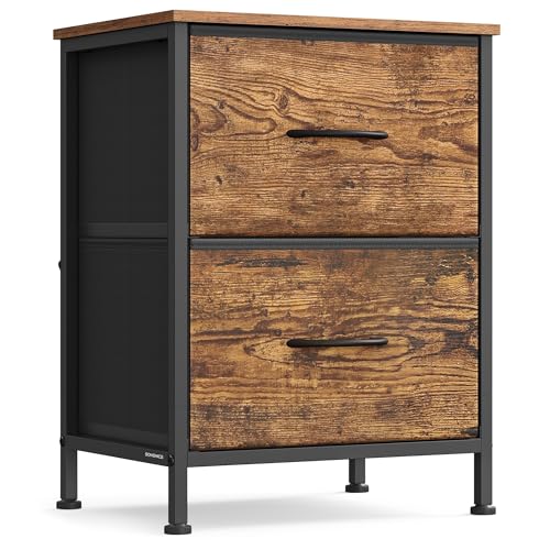 SONGMICS Dresser for Bedroom, Chest of Drawers, Nightstand, Steel, MDF, 2 Non-Woven Fabric Drawers, Storage Organizer Unit, Closet, Entryway, Rustic Brown and Ink Black ULGS312B02S - color: Rustic Brown + Ink Black, size: 1 Pack