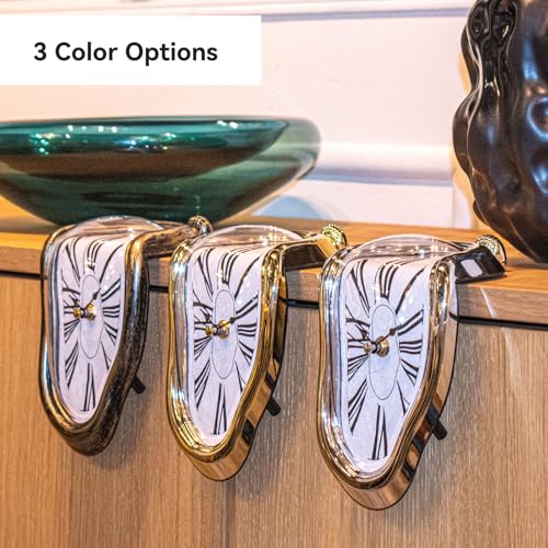 Melting Shelf Clock Art Decor - Salvador Dali Surreal Dripping, 8x4 in Bright Silver Polished Shelf & Desk Gift - color: Silver