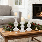 Farmhouse Large Candle Holders for Pillar Candles, Rustic Wooden Beaded Candle Holder, Perfect for Table Centerpieces, Coffee Table or Fireplace Mantel, 3 Piece Set (White) - color: White