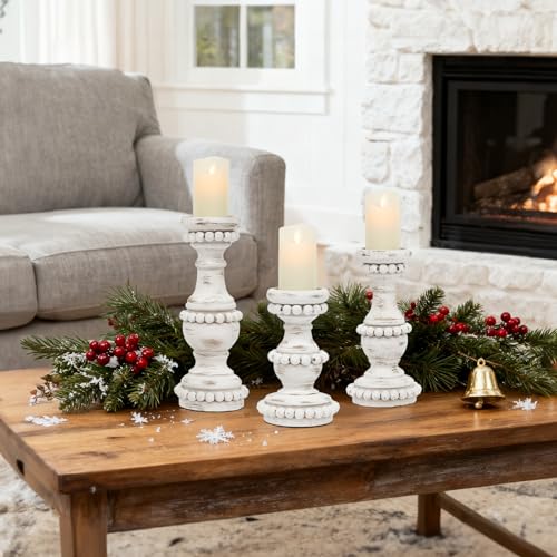 Farmhouse Large Candle Holders for Pillar Candles, Rustic Wooden Beaded Candle Holder, Perfect for Table Centerpieces, Coffee Table or Fireplace Mantel, 3 Piece Set (White) - color: White