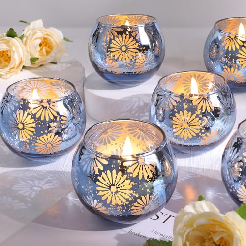 Blue Mercury Glass Votive Candle Holders Set of 12, Round Tealight Candle Holders Bulk for Table Centerpieces, Weddings, Shower Gifts, Party Decorations - color: Blue