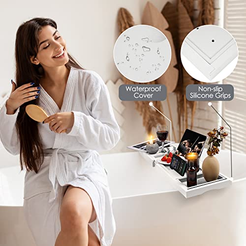 Foldable Bathtub Caddy Tray, Bamboo Bath Tub Tray Table for Tub with Wine Glass Holder Book Phone Tablet Holder with Extending Sides, Adjustable Bathroom Bathtub Free Soap Holder Gift Idea (White) - color: White