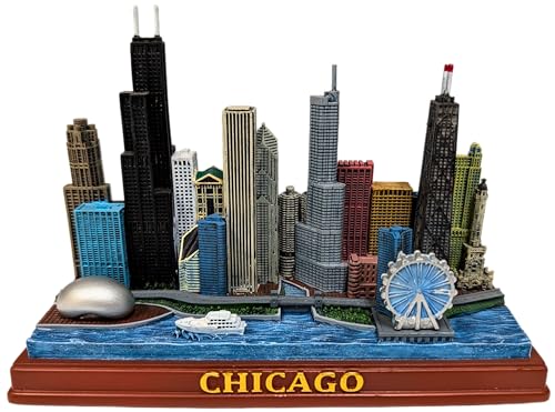 Chicago Skyline Tabletop Sculpture – Rectangular Base City Scene Featuring The Bean, Navy Pier Ferris Wheel & River Boat | Windy City Souvenir Home or Office Décor