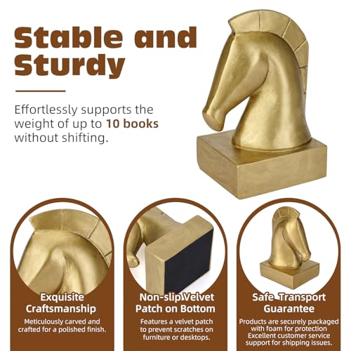 Gold Horse Head Decorative Bookends - Heavy Duty Non-Slip Book stoppers, Horse Statue Book Ends for Shelves, Modern Equestrian Ornaments for Home Farmhouse Shelves Office Lover Gift - color: Horse Bookends Gold