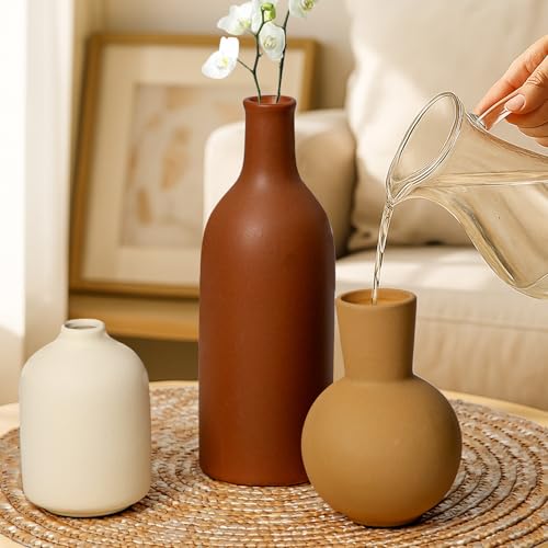 Ceramic Vase, Flower Vases Set of 3 Living Room Decor, Farmhouse Decor, Decorative Vase for Home Coffee Table, Book Shelf, Kitchen, Bedroom Centerpiece Table Decorations - color: Orange