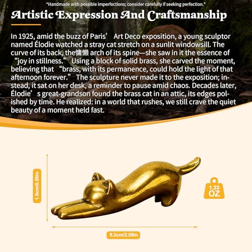 CHOVY 100% Solid Brass Stretching Cat Sculpture - Retro Desktop Decor Collectible Figurine for Office & Home Minimalist Art Deco Curio Vintage Stretching Feline Statue - color: Simple Cat