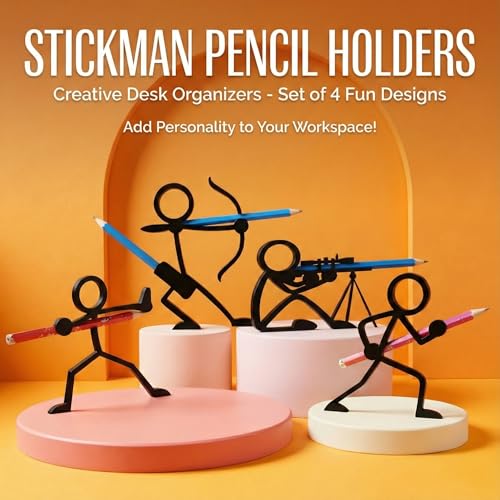 Minimalist 3D Printed Desktop Organizer Set (4 Pack), Decorative Silhouette Pen Stand, Creative Humanoid Pose Pencil Cup, Unique Office Decor and Teacher Gift, Black Matte Finish