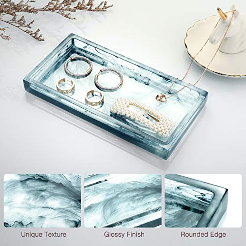 Emibele Jewelry Organizer Resin Tray, Bathroom Kitchen Dresser Vanity Organizer for Jewelry Cosmetic Shower Tissue Candle Perfume Soap Towel Shampoo Small Plant Decoration, Mini Size, Ink Blue - color: Ink Blue, size: 7.7" x 3.9" x 0.8"