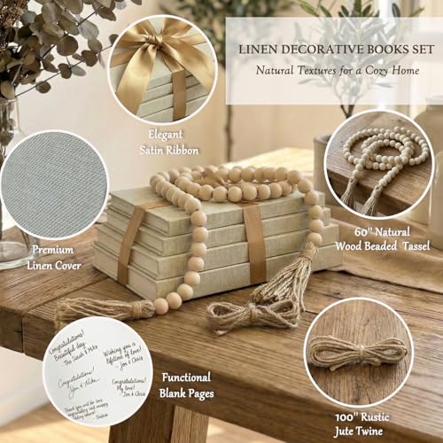 Decorative Books for Home Decor-Set of 4 Real Linen Decorative Books, Stacked Books with Wood Bead Garland, Jute Twine & Satin Ribbon, Neutral Modern Farmhouse & Boho Shelf Decor (Beige) - color: Beige