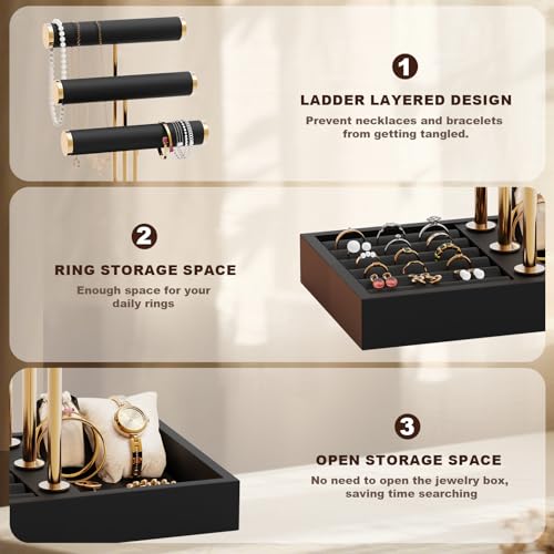 Abiglifty 3 Tier Necklace Holder Display, Jewelry Organizer, Jewelry Stand, Bracelet Display, Necklace Organizer, Bracelet holder, Jewelry Display for Necklace, Watches, Rings, Black - color: Black