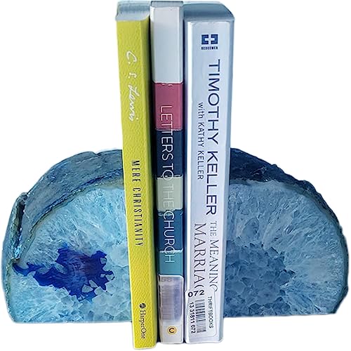 JIC Gem Blue Agate Bookends Geode Book Ends for Shelves Decorative Crystal Bookends Heavy Duty Bookend Bookshelf Decor with Rubber Bumpers(1 Pair, 3-4 LBS) - color: Blue Dyed, size: 3-4LBS.