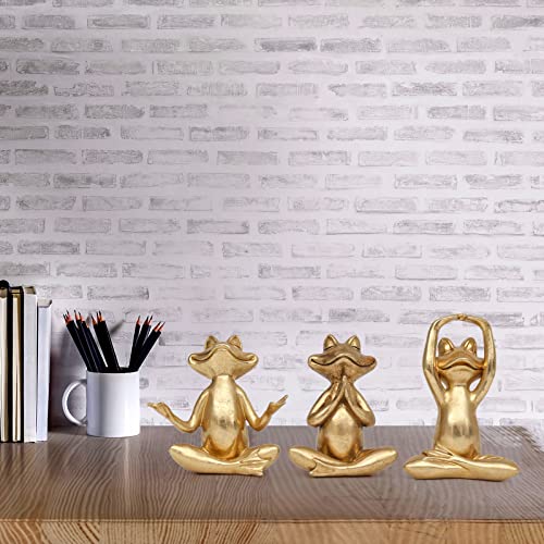 Suoedd Gold Frog Figurines Yoga Decor 3.7In Set of 3 –Frog Yoga Statues for Modern Living Room Desk Table Home Office Bookshelf Shelves Sculptures Decor,Gifts for Mom Women - color: Gold