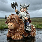 Viking Warrior Gnome Riding Highland Cow Statue, Hand-Painted Resin Sculpture Figurine for Yard Garden Patio Lawn Ornaments, Unique Home Decor Housewarming Gift