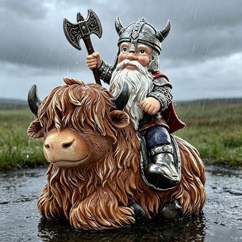 Viking Warrior Gnome Riding Highland Cow Statue, Hand-Painted Resin Sculpture Figurine for Yard Garden Patio Lawn Ornaments, Unique Home Decor Housewarming Gift
