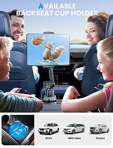 eSamcore Tablet Holder for Car, for iPad Stand Cup Holder Car Mount with 1.57" Depth Large Clamp 15" Height Adjustable Tab Mount Holder for 6"-12.9" Cell Phone iPhone Travel iPad Accessories