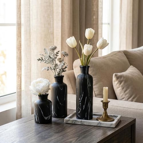 Modern Ceramic Flower Vase Set of 3, Minimalist Vase for Home Decor, Decorative Vase for Table Entryway Mantel Centerpiece Living Room Bathroom Bedroom (Black Gray Marble) - color: 103-black Gray Marble
