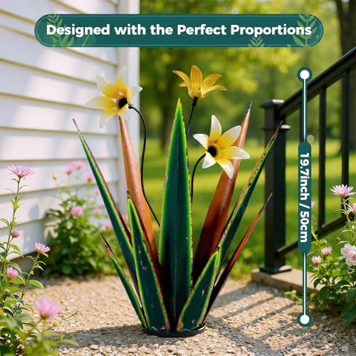 2 Pack Metal Agave Plant Sculptures, Outdoor Agave Plants, Tequila Rustic Sculpture, 16” Hand Painted Garden Decoration Yard Art Plant - color: Retro Green 2pcs W/ Flower