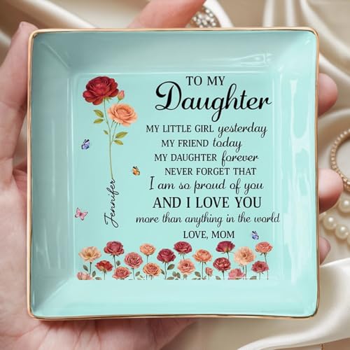 To My Daughter Jewelry Dish, Custom Jewelry Tray for Mothers Day, Daughter Gifts from Mom, Ceramic Ring Dish with Birth Month Flower, 1st Mother's Day Birthday Gifts for Daughters - color: Style 5
