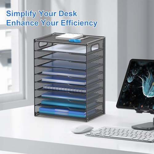 OUTWOLF 10 Tier Paper Organizer - Letter Tray Mesh Desk File Organizer with Handles for Office School Desktop, Black - color: Black