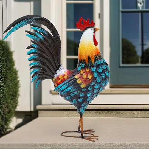 32" Large Metal Rooster Yard Decor, Outdoor Garden Statues, Metal Chicken Sculpture for Backyard Patio Kitchen Living Room Decor - color: 32"h Extra-large Blue Rooster