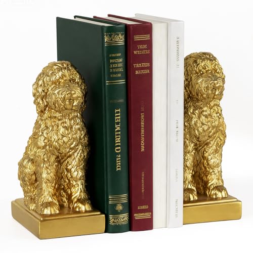 Poodle Decorative Bookends for Shelves, Dog Book Ends for Heavy Books, Toy Poodle Statues Bookends for Heavy Books with Anti-Slip Base Book Holders for Home Office Decor (Gold)