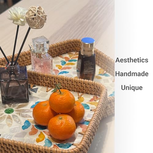 Mother of Pearl Inlay Rattan Serving Tray with Wooden Base Handmade Wicker Platter for Coffee Table Decor Coastal Home Decor Boho Style Food Display or Gift-Rectangle