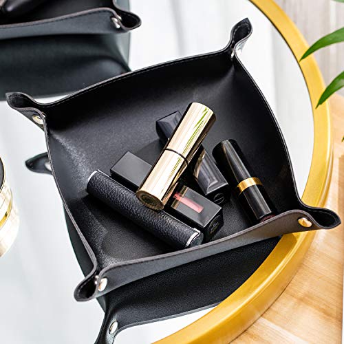 SANQIANWAN Leather Jewelry Valet Tray for Women and Man, Portable Entryway Table Tray Bedside Nightstand Desk Tray Small Catchall Travel Dish Plate for Key,Wallet,Watch,Coin (2PCs Black-B) - color: 2pcs Black-b, size: 8×8