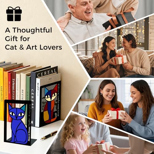 GUSFREUD Metal Cat Bookends Set of 2 – Decorative Cat Metal Book Ends for Shelves, The Mewsons Family Collection, Modern Cat Bookends for Living Room, Office & Bedroom
