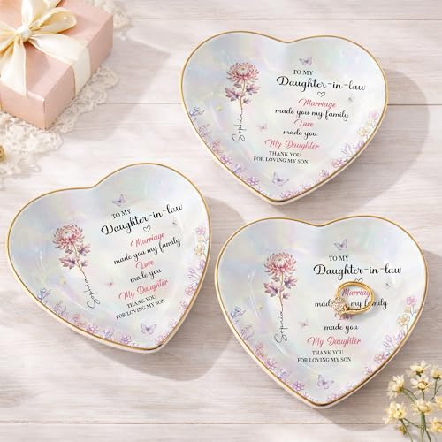 Personalized Heart Shape Jewelry Dish for Daughter-in-Law, Ceramic Trinket Tray Ring Holder With Custom Birth Flower, “Marriage Made You Family, Love Made You My Daughter” Keepsake - color: Daughter In Law 129