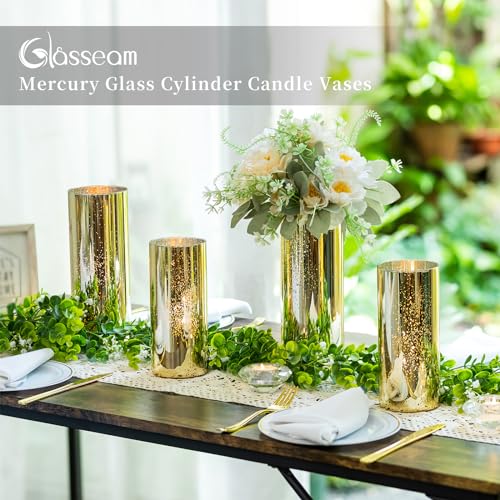Glasseam Mercury Gold Candle Holders, Set of 6 Glass Hurricane Candle Holder, Glitter Pillar Candle Holder for Table, Modern Cylinder Vases for Centerpieces Wedding Dining Christmas Decorations